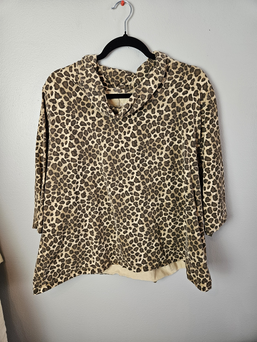 Leopard Print Cowl Neck Hoodie Top - Brown/Cream